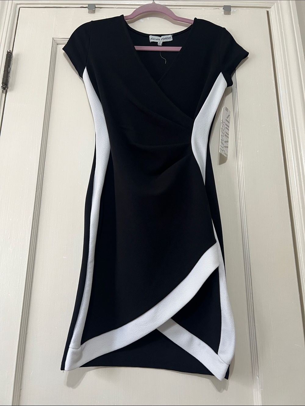 Almost Famous Black and White Faux-Wrap Sheath Dress